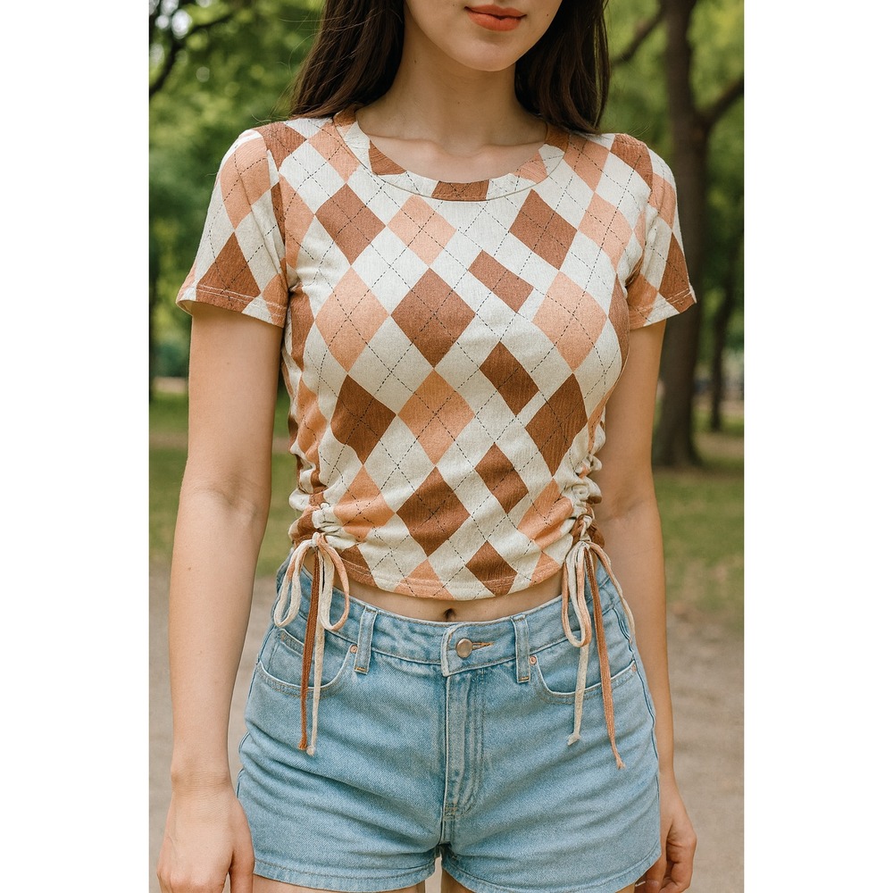 FITZ AND EDDI L Orange Brown White Argyle Summer Preppy Crop Top with Tie Front